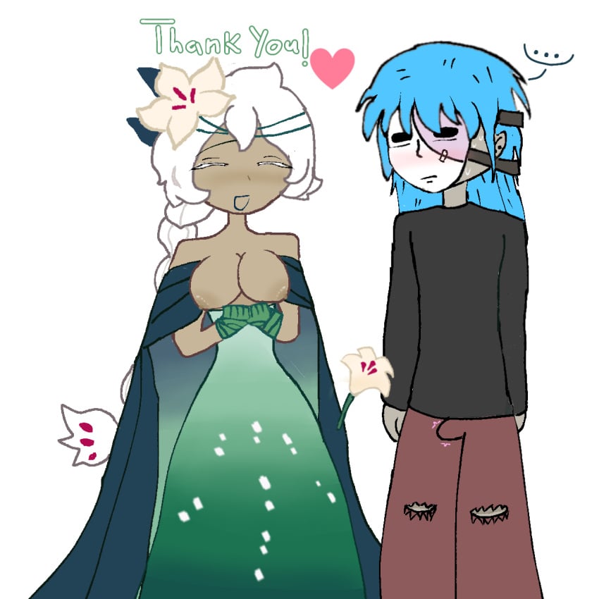 breasts_out bulge_through_clothing cookie_run_kingdom exposing_breasts lazy_art lily_(flower) love mask nervous nipples rarepair sal_fisher sally_face thank_you white_background white_lily_cookie