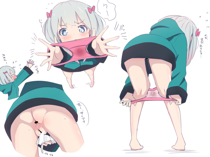 10s 1girls anus ass bar_censor bare_legs barefoot blue_eyes blush bow censored eromanga_sensei feet female female_only from_above hair_ornament hairbow hoodie izumi_sagiri jacket long_hair long_sleeves looking_at_viewer multiple_views panties panty_pull pink_panties pussy pussy_juice_stain shisonoha silver_hair simple_background speech_bubble stain stained_panties standing text underwear undressing wet_panties white_background