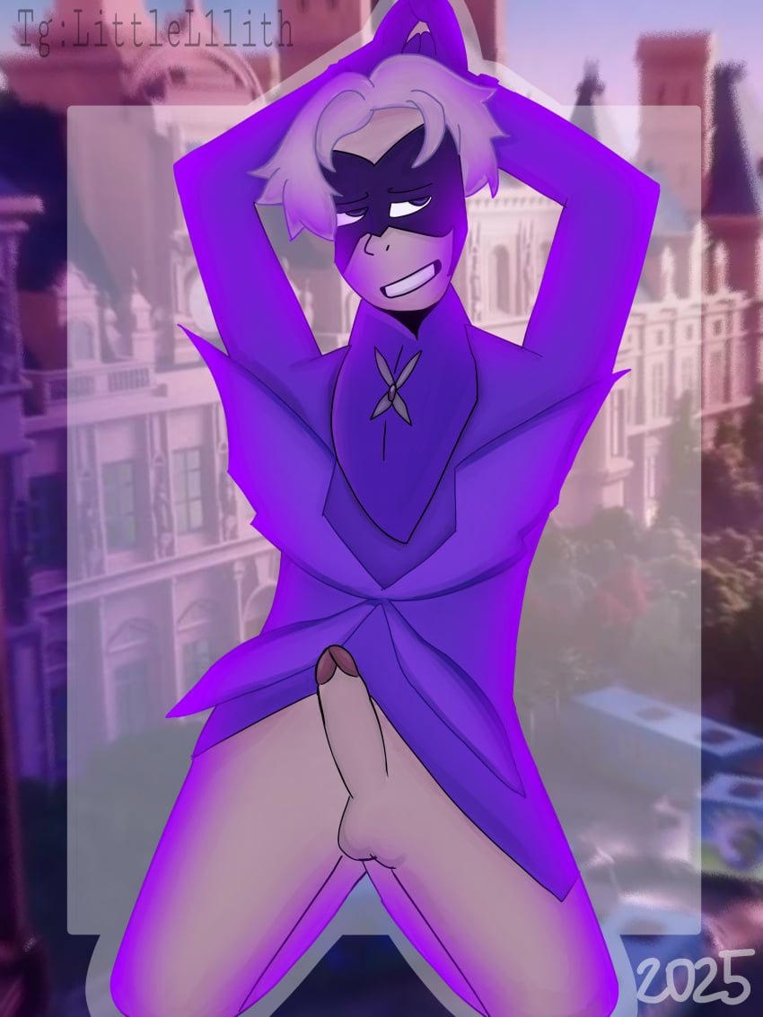 1boy 2025 balls betterfly_(miraculous_ladybug) cock erection gabriel_agreste hawkmoth ibispaintx light_hair light_skin littlelilith male male_only masked masked_male miraculous:_tales_of_ladybug_and_cat_noir miraculous_ladybug no_panties on_knees smile solo violet_clothing