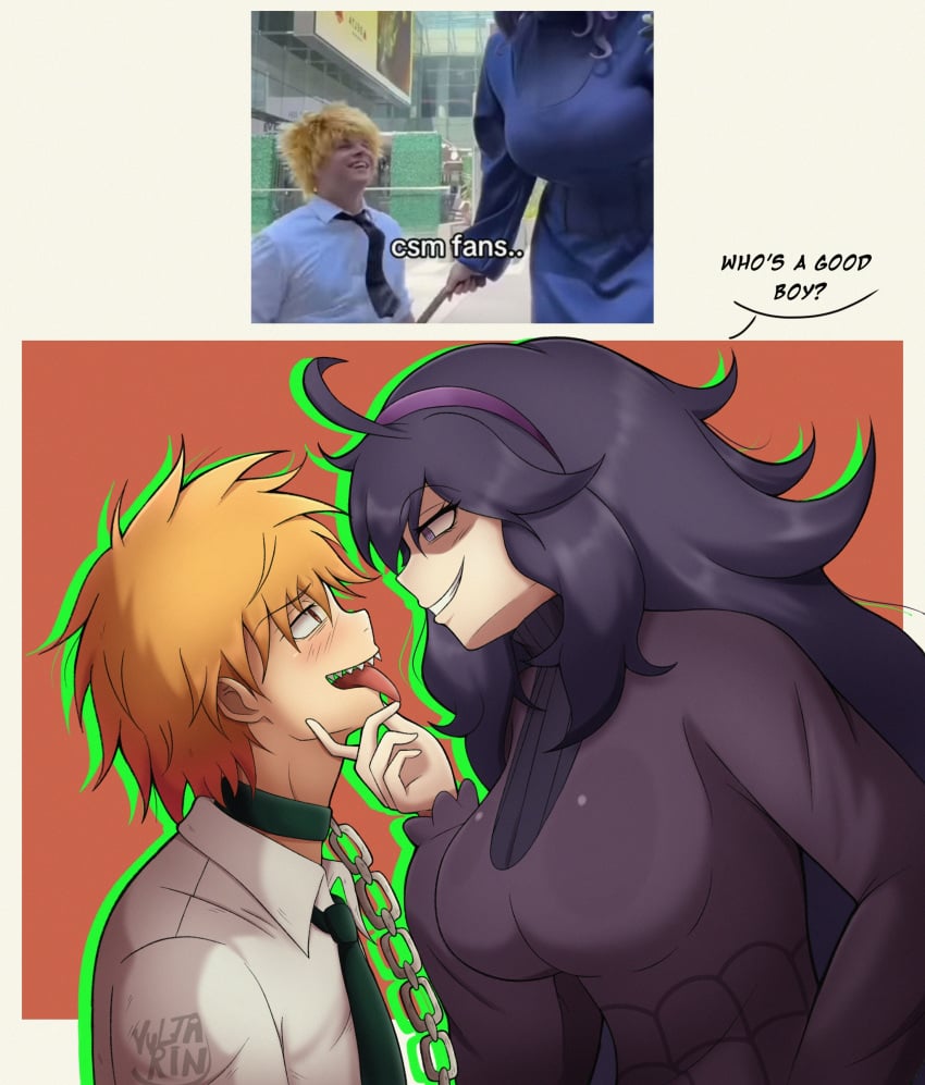 1boy1girl big_breasts breasts breasts chainsaw_man denji_(chainsaw_man) dominant dominant_female domination hex_maniac pokemon purple_eyes purple_hair text yultarinn