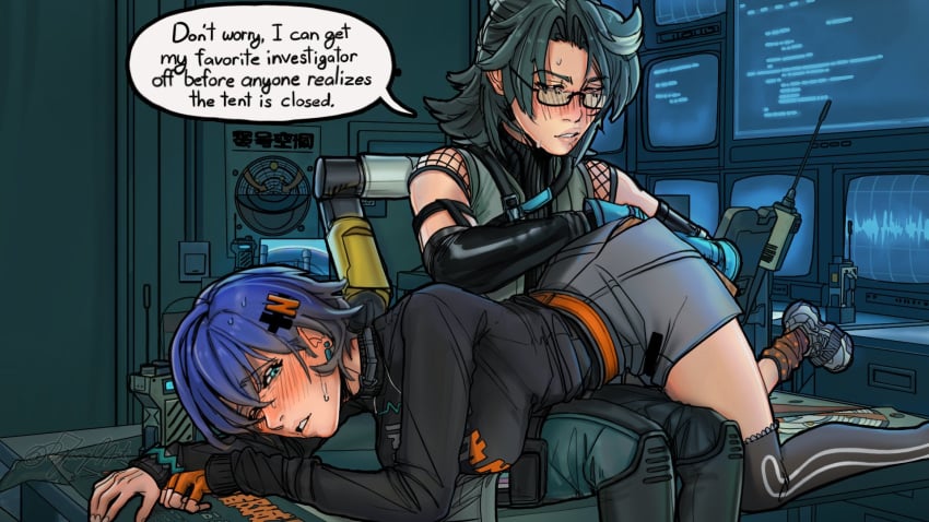 2girls belle_(zenless_zone_zero) blue_hair blush breasts djang0art english_text fingerless_gloves glasses gloves hair_ornament highres letter_hair_ornament lying_on_lap multiple_girls parted_lips partially_fingerless_gloves ray_yersin short_hair shorts single_fingerless_glove single_thighhigh socks thighhighs yuri zenless_zone_zero