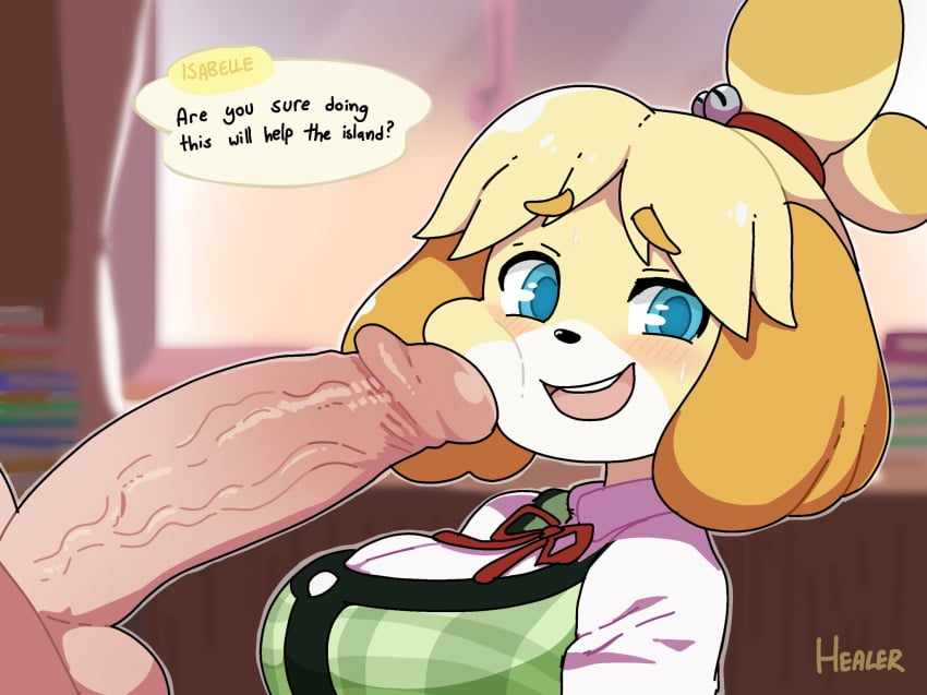 1boy :d animal_crossing animal_nose artist_name balls blue_eyes blush breasts cheek_press commentary english_text female fruithead furrowed_brow healerart highres huge_cock indoors isabelle_(animal_crossing) large_breasts looking_at_viewer male medium_hair outline penis personification smile speech_bubble straight sweat teeth testicles text topknot upper_body upper_teeth_only veins veiny_penis white_outline