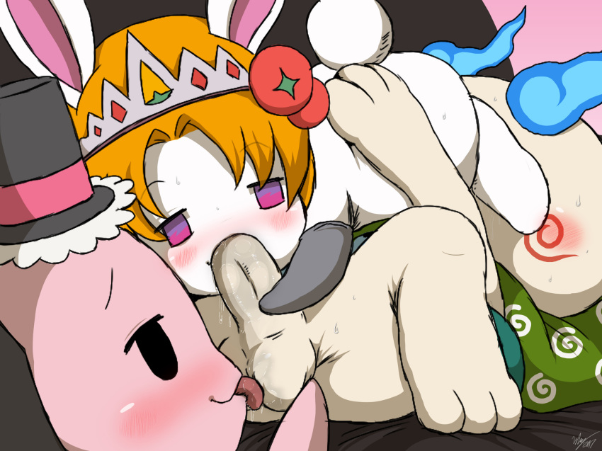 2017 ball_lick balls collaborative_fellatio fellatio female group group_sex humanoid_penis komasan lagomorph licking male mammal oral penis rabbit sex straight teamwork threesome tongue tongue_out uncut video_games winick-lim yo-kai_watch