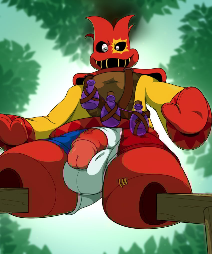 5:6 balls_outline belt bloodshot_eyes bottle bulge bulge_through_clothing clothed clothing colored_outline container detailed_background detailed_bulge france french_flag genital_outline genitals gloves handwear hi_res hoodlum_(rayman) leaf looking_at_viewer looking_down looking_down_at_viewer lum_(rayman) male mittens open_mouth partially_clothed penis penis_on_balls penis_out_of_underwear penis_poking_out penis_through_underwear potion potion_bottle rayman_(series) red_body red_clothing red_gloves red_handwear red_mittens red_penis sewn_mouth solo spread_legs spreading standing stilts stitch_(sewing) stumbleboom_(rayman) suit surprised surprised_expression surprised_face ubisoft underwear vein veiny_penis vorechestra yellow_clothing yellow_suit