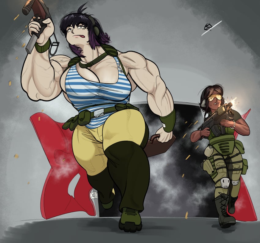anne_(sovietmarmalade) armor armored_female big_breasts breaching broad_shoulders bushmannerino combat commission commission_art dark-skinned_futa gun gunfire larger_female light-skinned_female massive_breasts megan_(sovietmarmalade) military_clothing military_uniform muscular muscular_arms muscular_female newgrounds newgrounds_username running shooting smaller_futa sovietmarmalade thick_thighs vascular wide_hips wolfcut