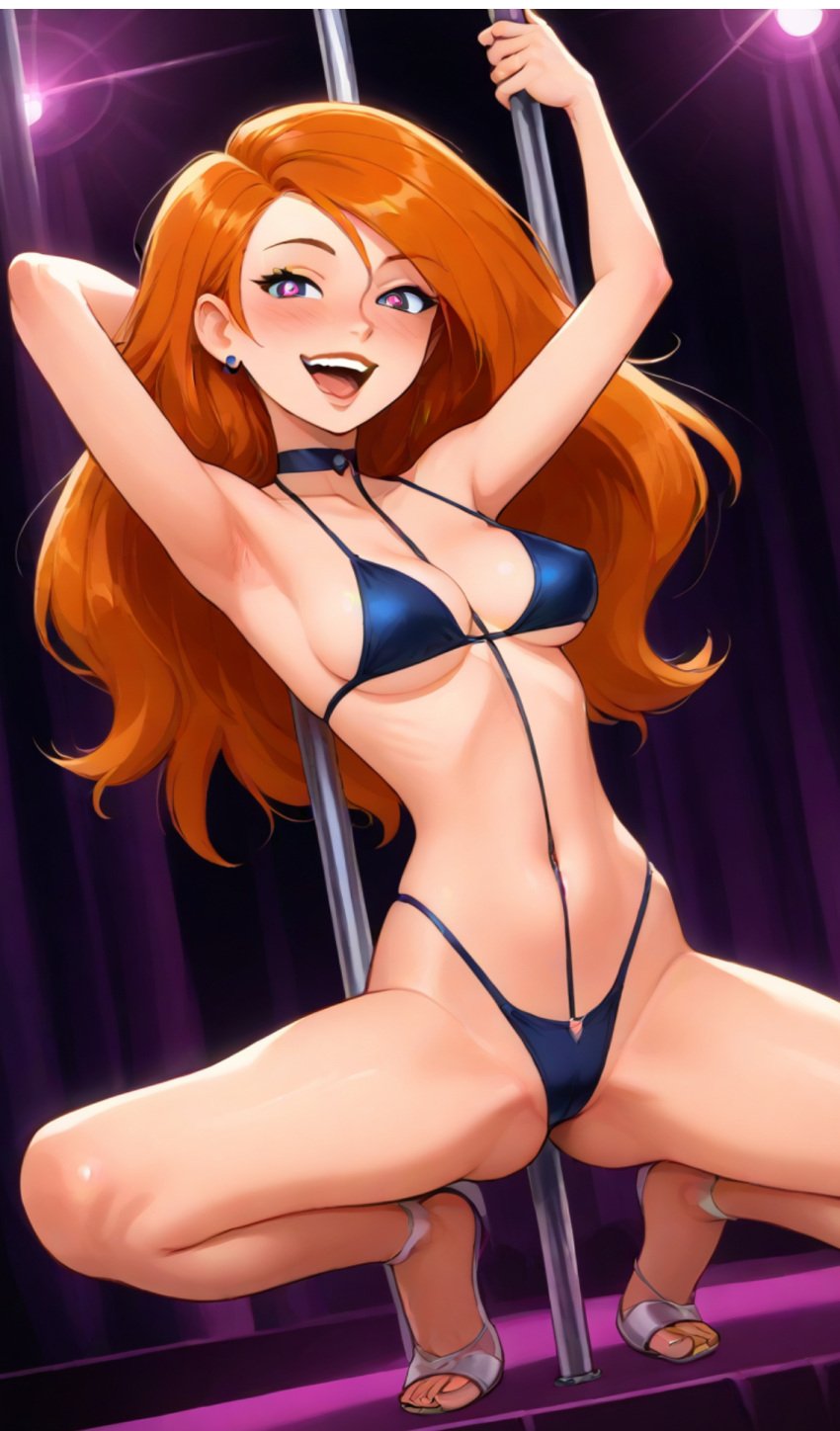 ai_generated blush heart-shaped_pupils kim_possible kimberly_ann_possible legitimate long_hair looking_at_viewer orange_hair pole pole_dancing smile smiling smiling_at_viewer squatting stripper stripper_pole thick_hair underwear