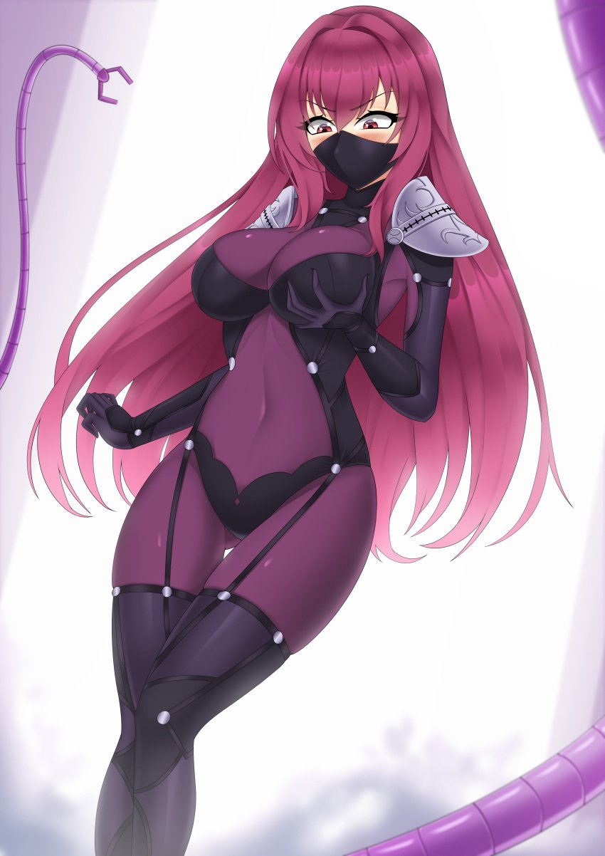bodysuit fate/grand_order fate_(series) grabbing_own_breast jesscatg large_breasts mask purple_hair red_eyes red_hair scathach_(fate) skin_tight tagme