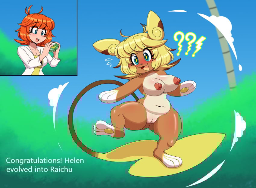 alolan_form alolan_raichu anthro big_breasts big_tail blonde_hair breasts brown_body brown_fur clothing coat evolutionary_stone female flybeeth fur game_freak generation_7_pokemon hair hi_res human human_to_anthro lab_coat mammal nintendo orange_hair outside pokemon pokemon_(species) poof_transformation regional_form_(pokemon) rodent short_stack sky solo species_transformation standing_on_tail tail thick_thighs thunder_stone topwear transformation