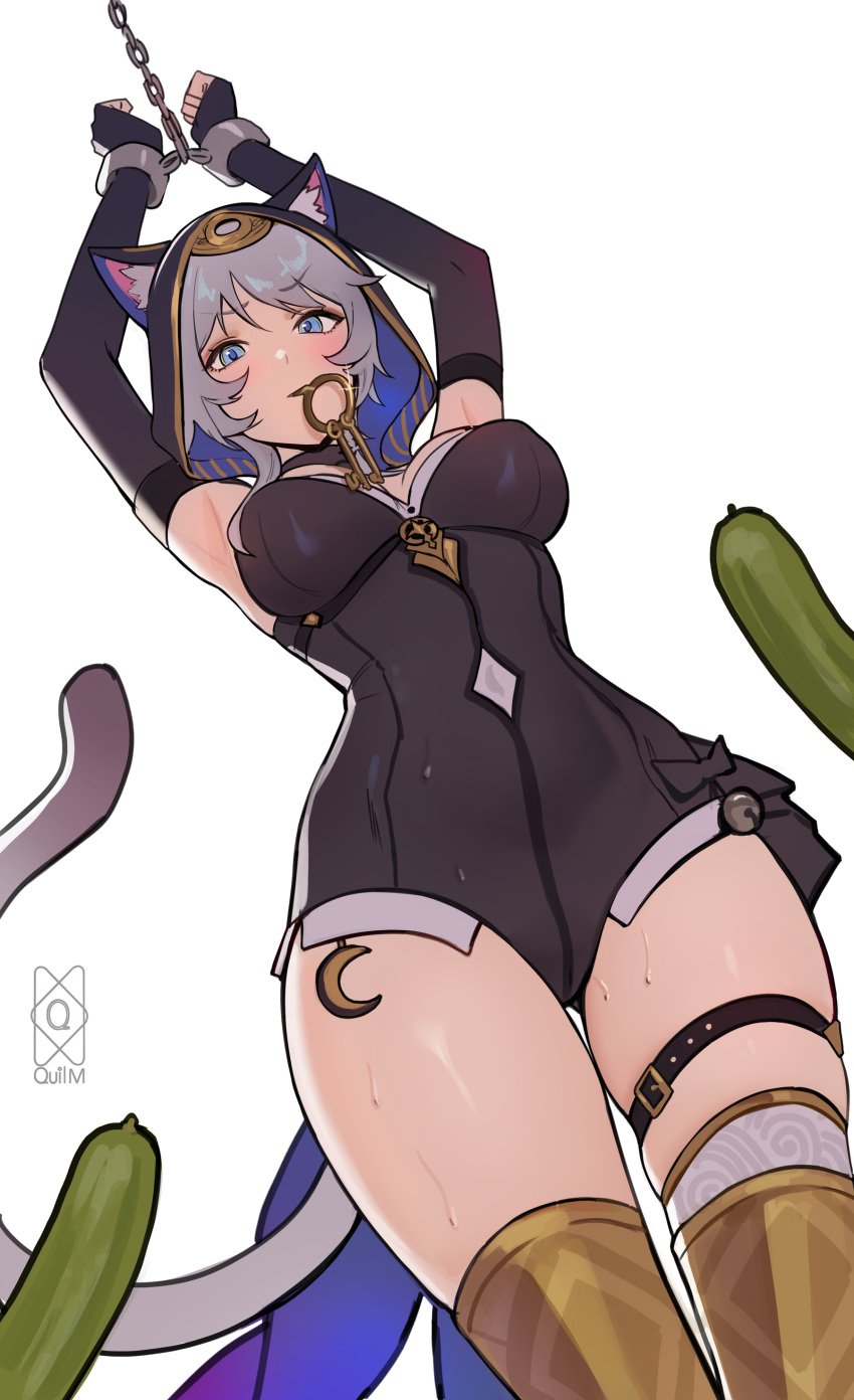 1girls arms_up armwear blue_eyes bodysuit breasts cat_ears cat_tail catgirl cipher_(honkai:_star_rail) collar cucumber female female_only grey_hair honkai:_star_rail hoyoverse key looking_at_viewer looking_down low-angle_view quilm standing sweat tail thighs trapped