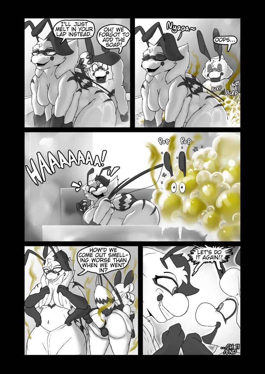 2_fingers 3_fingers 4_arms absurd_res antennae_(anatomy) anthro arthropod ass back_wings balls bath bathing bathing_together bathtub bee big_butt breasts claws comic dialogue dominant dominant_female drying duo english_text fart fart_bubbles fart_fetish farting_female farting_in_water farting_male female female_farting fingers gas gassy genitals heather_(soomir) hectar_(soomir) hi_res hymenopteran insects larger_female laugh male male/female male_farting monochrome multi_arm multi_limb nude nude_anthro nude_female nude_male presenting presenting_balls presenting_hindquarters shampoo shampoo_bottle size_difference smelly smile soap soomir speech_bubble stinger stinger_tail tail tall_female text towel water wet wings