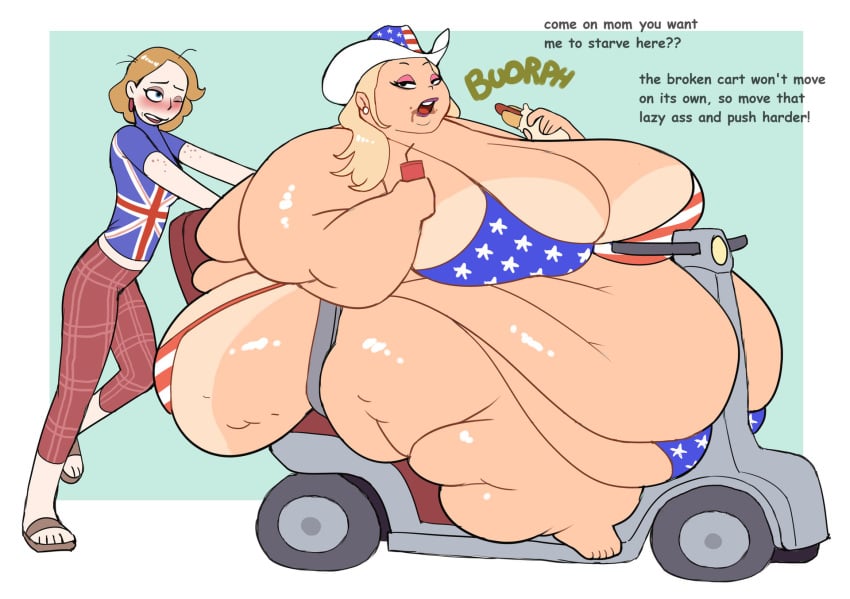 2girls 4th_of_july america_(countryhumans) american american_female american_flag american_flag_bikini american_flag_bikini_top american_flag_hat american_flag_print american_flag_swimsuit ashgallalla ass_fat blob brat bratty british british_female british_flag british_shorthair burp burp_fetish burping drink drinking eating eating_food england_(countryhumans) fat fat_ass fat_boobs fat_breasts fat_butt fat_female fat_fetish fat_folds fat_rolls fat_thighs fat_woman feet hotdog immobile immobilization immobilized lazy massive_breasts massive_thighs mobility_scooter morbidly_obese morbidly_obese_female mother mother_and_daughter obese obese_female soda soda_cup spoiled strained sun_tan talking talking_to_another tanline tanned tired tired_expression tired_eyes tired_look tired_out trying_their_best uk_flag