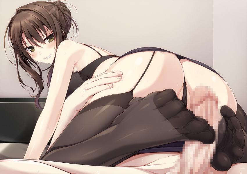 1boy 1girls ass blush bra cameltoe censored feet female feng footjob footjob_with_legwear gakkou_no_seiiki looking_at_viewer mosaic_censoring nase_yaeka naturalton pantsu penis spread_legs stockings thighhighs