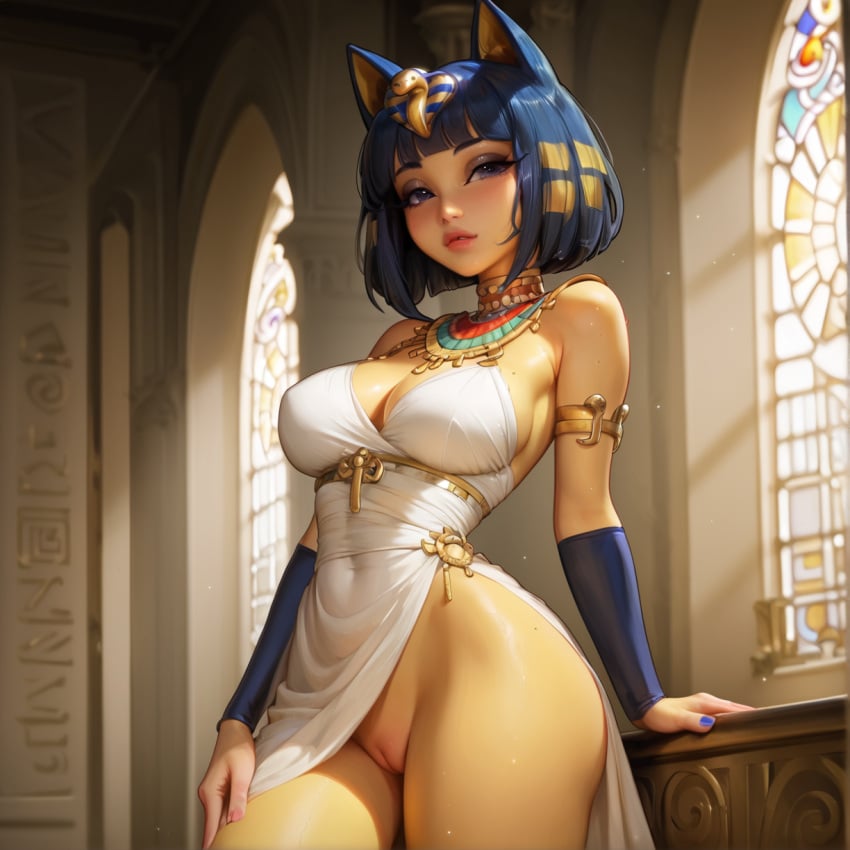 ai_generated animal_crossing ankha ankha_(animal_crossing) black_eyes blue_hair breasts cat_ears catgirl female looking_at_viewer mooriby nintendo standing vagina