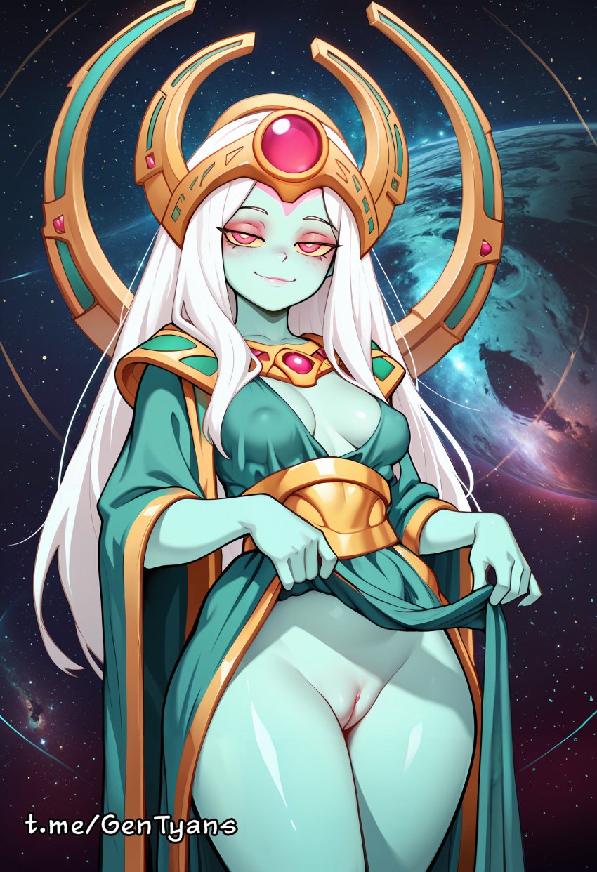 1girls ai_generated blue_body colored_skin dota_2 dress_lift galaxy gem genderswap_(mtf) jewelry necklace oracle pussy r63 seductive space standing white_hair