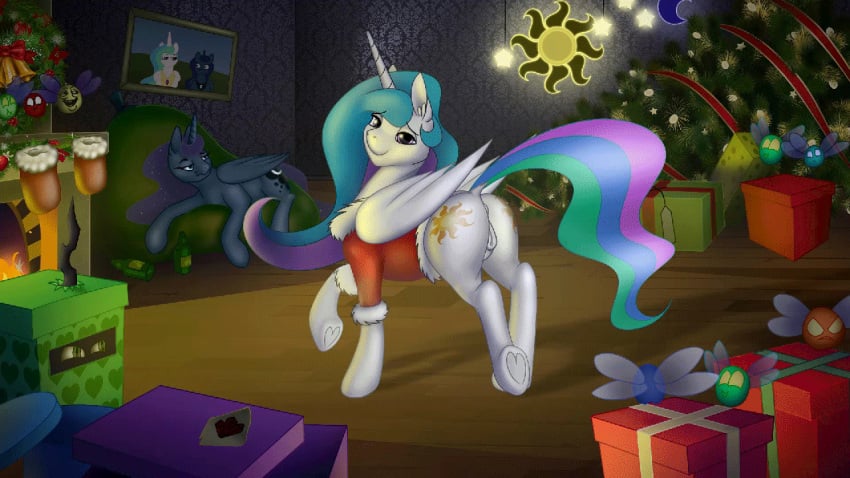 alicorn animal_genitalia animal_pussy animated anus ass bouncing christmas christmas_tree clothing cutie_mark eqamrd equine equine_pussy female feral fireplace friendship_is_magic gift hair holidays hooves horn inside long_hair looking_at_viewer looking_back mammal my_little_pony nude princess_celestia_(mlp) princess_luna_(mlp) pussy queen_chrysalis_(mlp) the_smooze tree underhoof wings