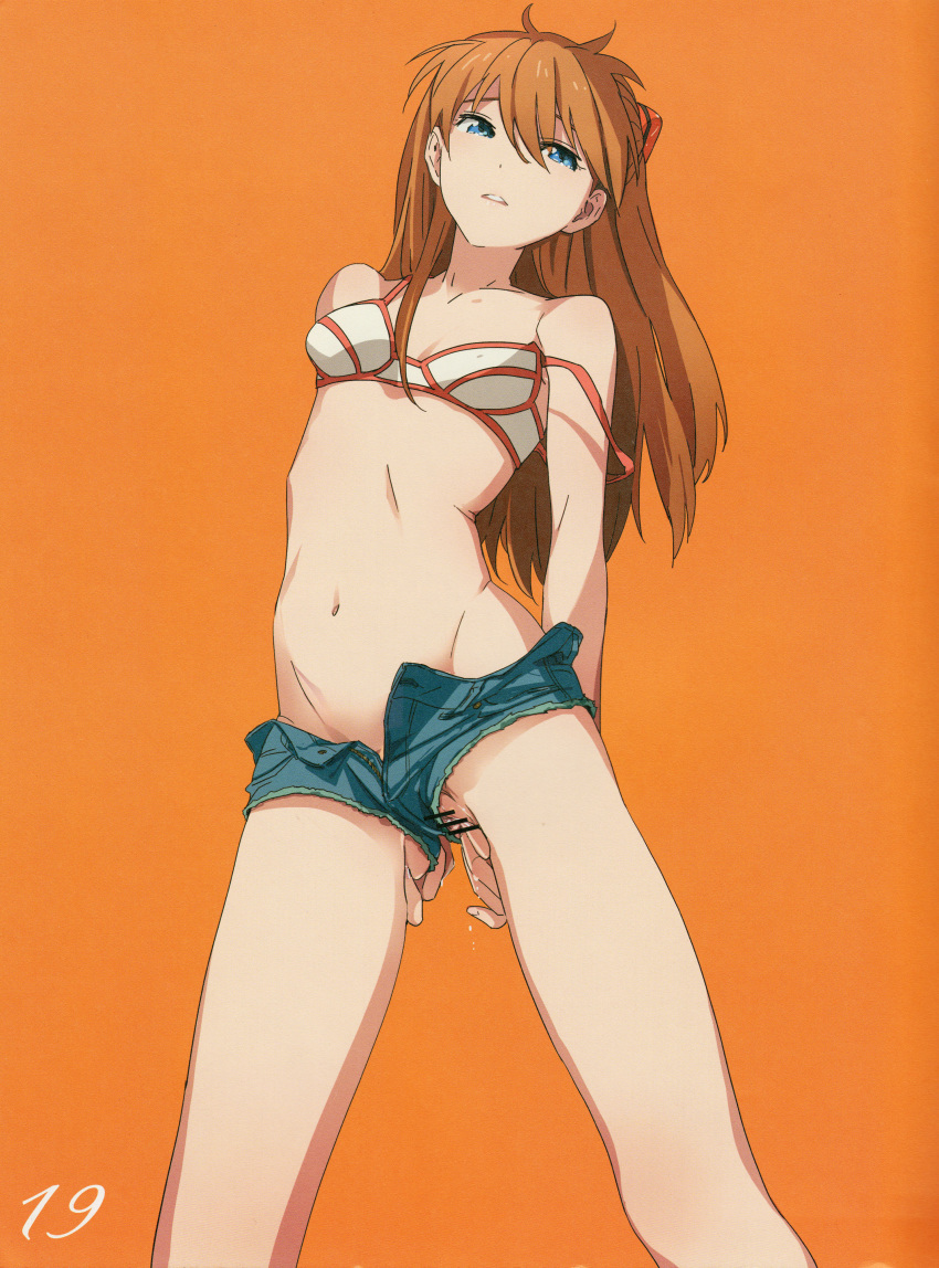 2010s 2014 absurdres arms_behind_back asuka_langley_sohryu bar_censor blue_eyes bra censored clothed_masturbation clothing cutoffs denim_shorts dripping female highres long_hair looking_away masturbation mebae navel neon_genesis_evangelion no_panties off_shoulder open_fly orange_hair parted_lips pussy pussy_juice short_shorts shorts simple_background small_breasts solo strap_slip underwear unzipped