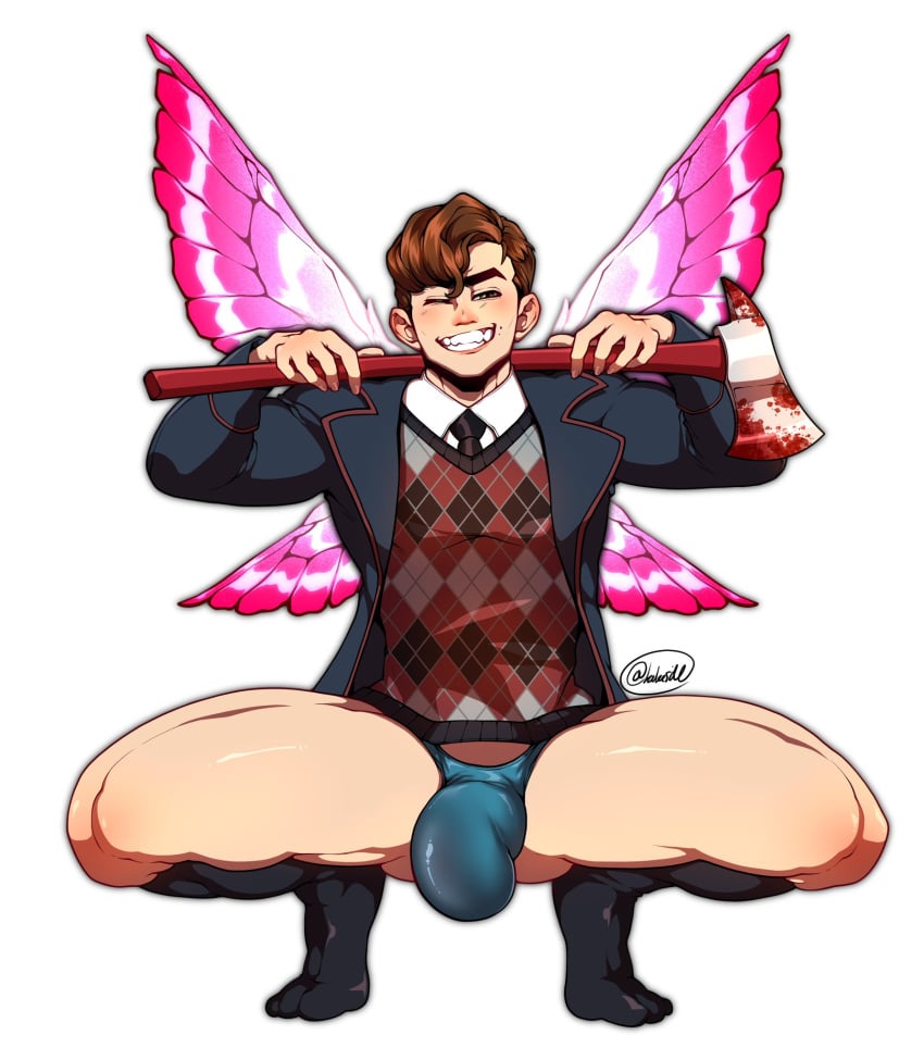 axe big_bulge bulge butterfly_wings five_hargreeves huge_bulge lake_side_nsfw male male_only muscles muscular muscular_male smiling_at_viewer spread_legs squatting teen_boy thong umbrella_academy