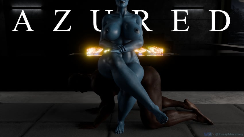 1female 1male 3d 3d_render 4k alien_girl asari black_lipstick black_male black_skin blue_skin feet female femdom fire fireplace hard_nipples highres human humanoid large_breasts legs_crossed male mass_effect muscular muscular_male nipples nude nude_female nude_male on_all_fours painted_nails painted_toenails partially_obscured_face russymacalroy sitting_on_person smirk submissive_male tagme text thick_thighs watermark