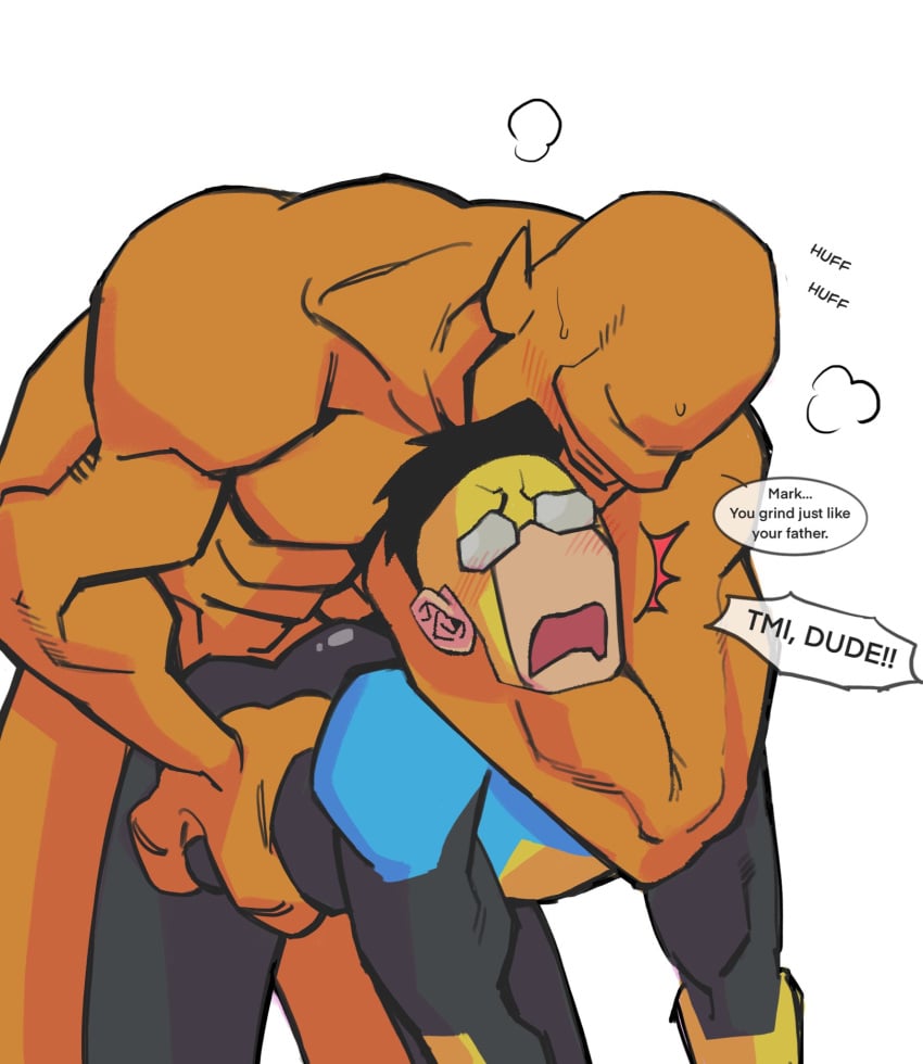 allen_the_alien anal anal_sex blush bonjourdraws gay invincible invincible_(superhero) male male_only mark_grayson muscular muscular_male orange_skin standing_sex