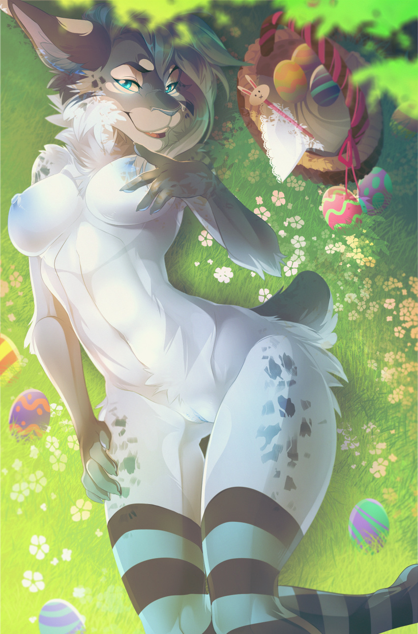 2017 anthro basket blue_eyes breasts clothing easter_egg feline female flower grass hi_res kammi-lu legwear looking_at_viewer lying lynx mammal nipples plant seductive stockings subtler