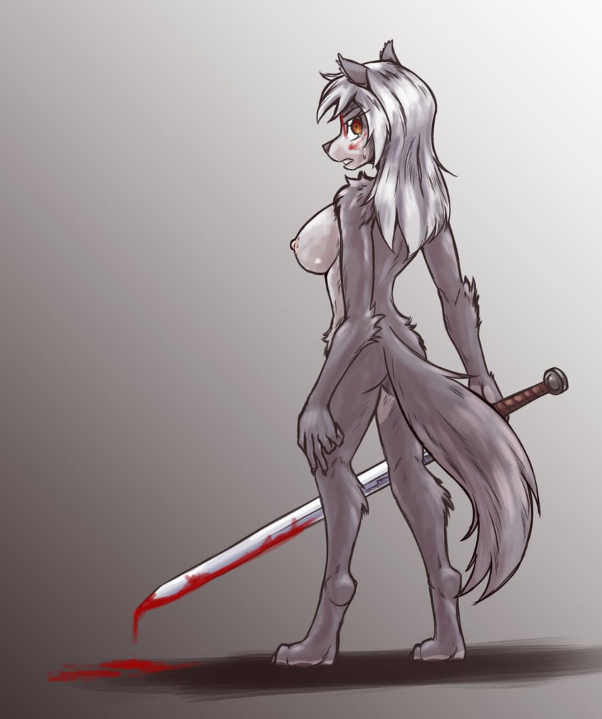 1girls anthro ass big_ass big_breasts blood blood_on_face bodily_fluids breasts canid canine canis crying digitigrade ears female fur furry gndthr323 gradient_background grey_body grey_fur grey_hair hair hi_res kiruss long_hair looking_at_viewer looking_back mammal naked naked_female nipple nude nude_anthro nude_female orange_eyes shadow simple_background solo tail tears thescornfulreptilian weapon wolf wolf_girl
