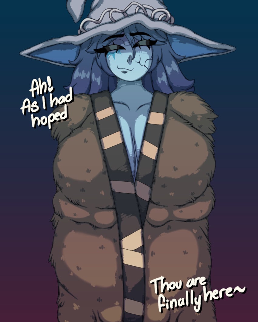 coat dialogue elden_ring female female_focus female_only huge_breasts long_hair looking_at_viewer ranni_the_witch sexualizer souls_(from_software) text thick_legs thick_thighs witch_costume witch_hat