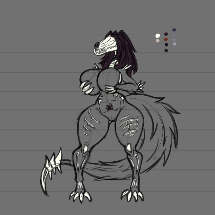 arsfromnowhere_(artist) big_breasts huge_breasts monster_girl scp-682 scp_foundation sketch skull_head skull_mask wide_hips