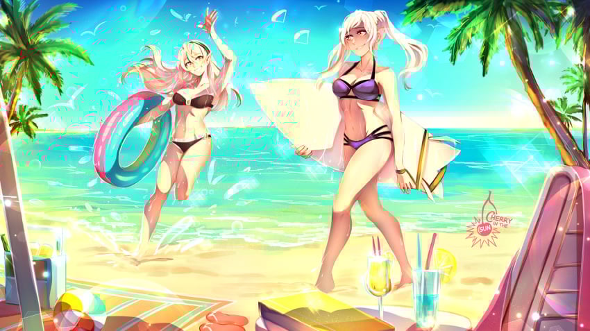 2girls alluring alternate_costume arm_up artist_logo artist_name ball bare_legs barefoot beach beach_chair beach_towel beachball bikini bird black_bikini breasts cherry_in_the_sun cleavage cloud cloudy_sky collarbone corrin_(fire_emblem) corrin_(fire_emblem)_(female) cup day drinking_glass drinking_straw fire_emblem fire_emblem_awakening fire_emblem_fates fire_emblem_warriors food footwear_removed fruit full_body grin hairband innertube intelligent_systems lemon lemon_slice long_hair medium_breasts midriff multiple_girls nintendo o-ring o-ring_bikini ocean outside palm_tree parasailing pointy_ears purple_bikini red_eyes robin_(fire_emblem) robin_(fire_emblem)_(female) running sand sandals sandals_removed seagull silver_hair sky smile surfboard swimsuit thighs towel tree twintails walking waving wristband yellow_eyes