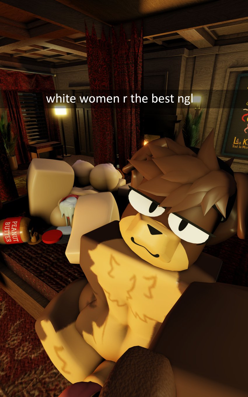 1boy 3d after_sex anthro bedroom brown_fur canine cum_in_pussy english_text female femboy femboy_on_female floppy_ears furry human male male/female nekomaniaa passed_out peanut_butter roblox roblox_avatar robloxian self_upload