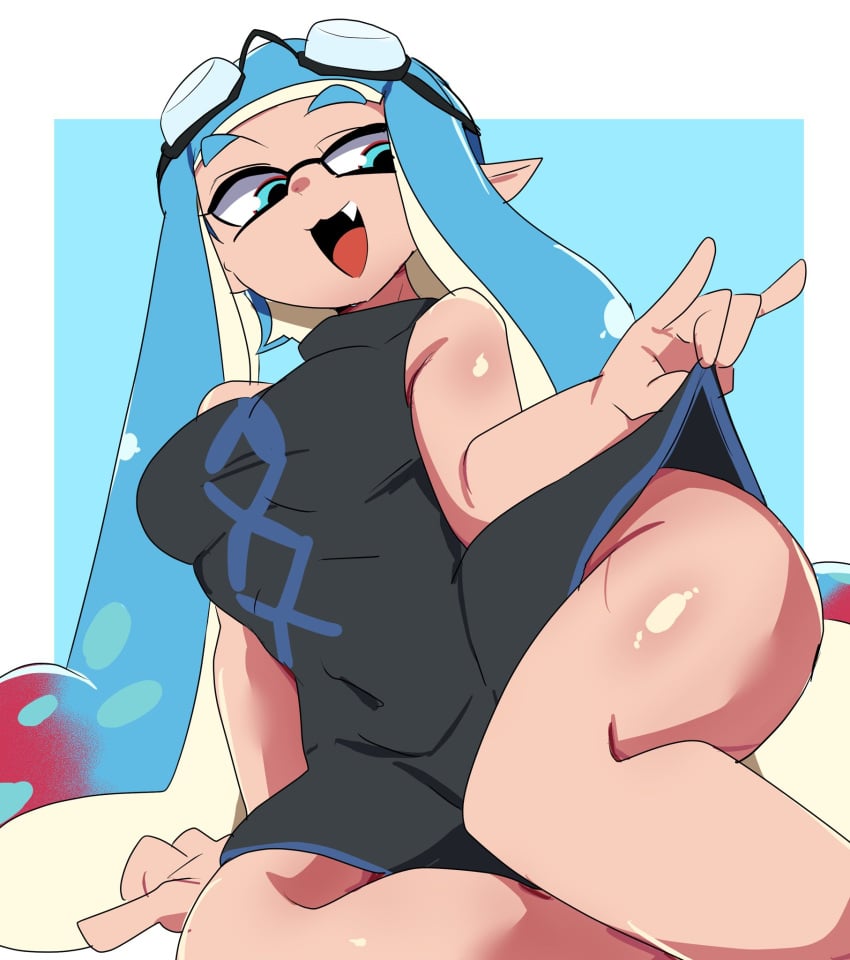 ass blue_hair chicken_rib flashing inkling inkling_girl mascot splatfest splatoon splatoon_3 summer_nights_splatfest twitter_link