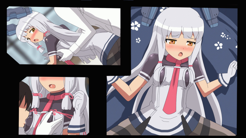 1boy admiral_(kantai_collection) animated animated between_breasts blush bouncing_breasts breast_grab breast_sucking breast_sucking_through_clothes breasts brown_eyes female gloves grabbing hangaku hat hat_removed headgear headwear_removed implied_sex kantai_collection long_hair medium_breasts murakumo_(kantai_collection) necktie necktie_between_breasts open_mouth pantyhose pink_necktie silver_hair white_gloves