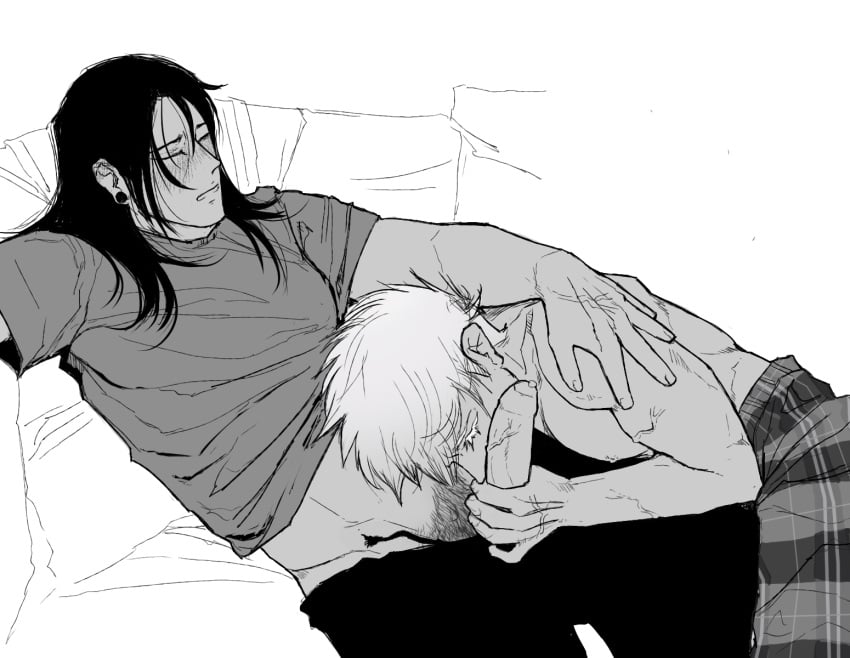 2boys blowjob getou_suguru gojou_satoru jujutsu_kaisen long_hair male precum satoru_gojo suguru_geto to_soren white_hair