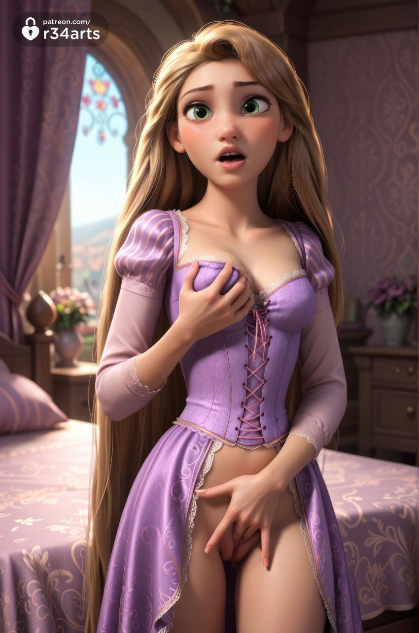 1girls ai_generated artist_name bed bedroom blonde_hair blurry blurry_background blush breasts collarbone corset cowboy_shot curtains disney disney_princess dress female female_masturbation fingering freckles grabbing_own_breast green_eyes hi_res indoors juliet_sleeves lips long_hair long_sleeves looking_at_viewer masturbation medium_breasts no_panties open_mouth puffy_sleeves purple_dress pussy r34arts rapunzel rapunzel_(tangled) solo standing tangled twitter_logo uncensored very_long_hair window
