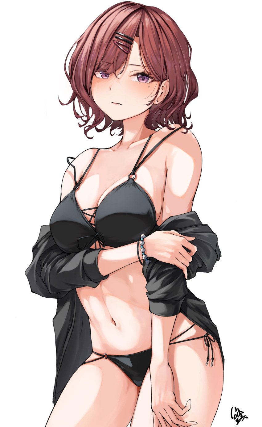 bare_belly bare_legs bare_shoulders bare_thighs belly_button big_breasts bikini black_bikini black_jacket blush bracelet breasts brown_hair cleavage closed_mouth collarbone endo_yohane higuchi_madoka idolmaster idolmaster_shiny_colors jacket mole mole_under_eye off_shoulder open_jacket purple_eyes short_hair side-tie_bikini_bottom strap_slip thighs