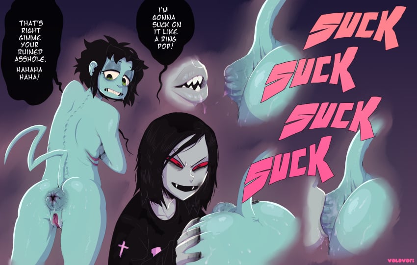 anilingus anilingus dialogue fangs onomatopoeia red_eyes rimming rimming_femboy rimming_male sucking_anus sucking_ass tagme text_bubble valavari