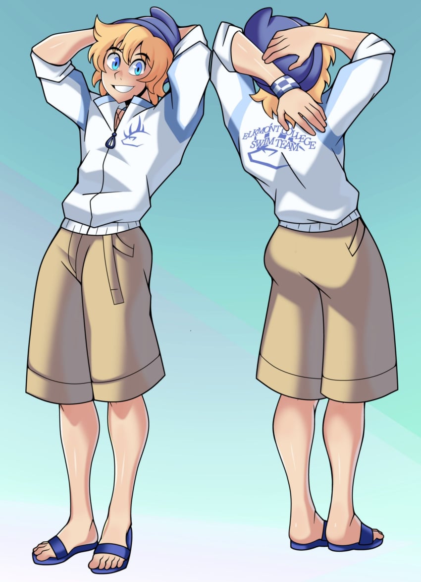 beanie blonde_hair blue_eyes front_and_back fully_clothed gradient_background hands_behind_head large_ass looking_at_viewer male male_focus male_only multiple_angles no_visible_genitalia oc sandals shorts smile solo_male sports_jacket wristband yuunsfw