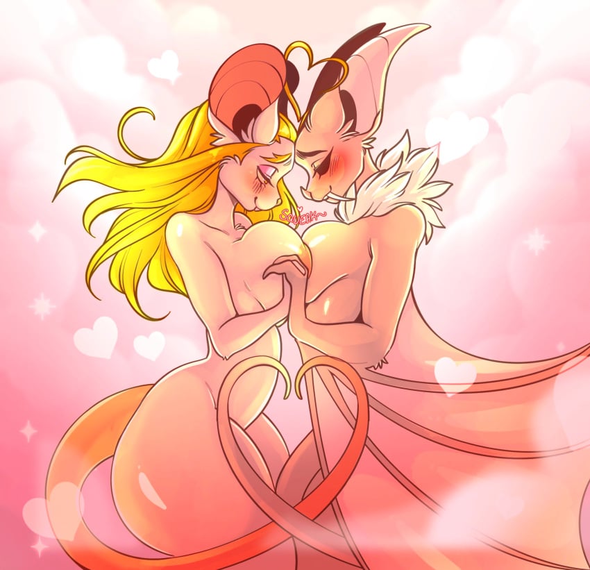 2_fingers alien antenna_hair anthro bat bedroom_eyes big_breasts blonde_hair blush breast_squish breasts buckteeth claws duo empty_eyes eyeshadow fan_character fangs female female/female fingers fur gesture hand_holding heart hi_res interspecies jessica_(mastergodai) long_ears long_fangs long_hair long_tail love makeup mammal membrane_(anatomy) membranous_wings monster mouse murid murine narrowed_eyes neck_tuft nipples nude rascals rodent romantic romantic_couple seductive smile squeaking squish tail tail_gesture tail_heart teeth tuft ultraman_(series) white_body white_fur wings xstupid_furryx