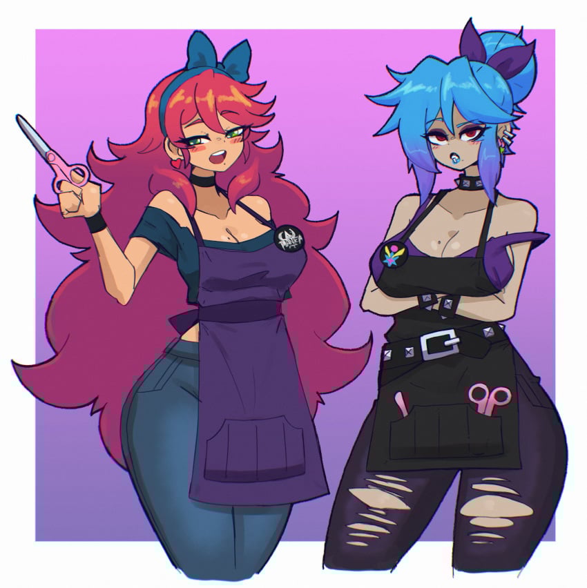 2girls belt big_breasts choker clothed clothing docecaedrus female piercing re-logic ripped_clothing ripped_pants scissors shimmered_stylist_(terraria) stylist_(terraria) terraria thick_thighs
