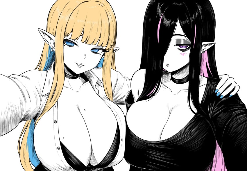 2girls big_breasts black_hair blonde_female blonde_hair blue_eyes blue_hair breasts choker cleavage elf elf_ears female goth goth_girl gyaru hair_over_one_eye huge_breasts large_breasts lughost milf nail_polish nocturna pale-skinned_female pale_skin piercing pink_hair pointy_ears purple_eyes two_tone_hair wife wife_and_wife xaessya