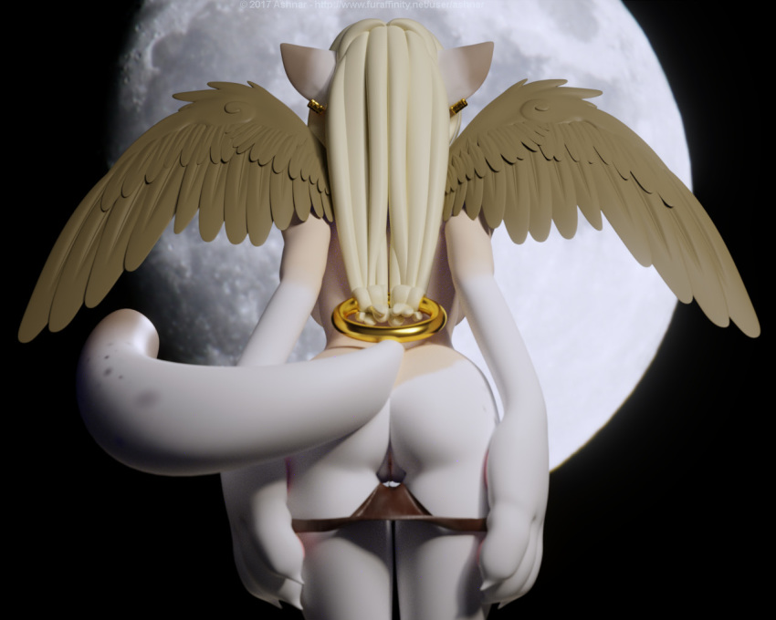 3d anthro ashnar ass breasts feathered_wings feathers female furry moon panties panties_down pussy solo sphinx standing underwear wings