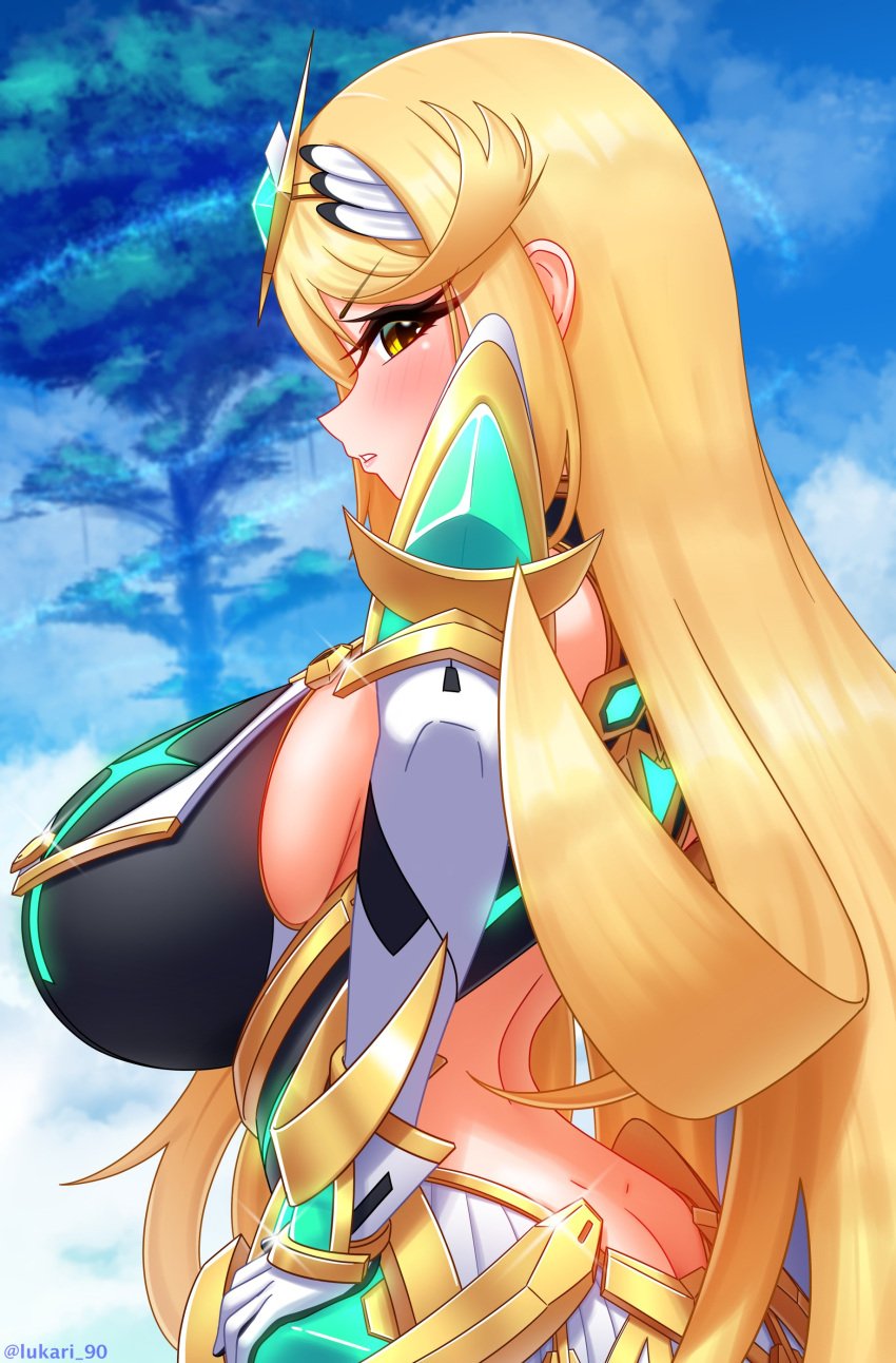 1girls armor armwear ass ass_cleavage big_breasts blonde_hair blush blush blush_lines boobs_and_butt_pose breasts busty butt_crack curvaceous curvy curvy_female curvy_figure eye_contact female female_focus female_only gloves hi_res high_resolution highres huge_breasts jewel large_breasts long_hair looking_at_viewer lukari miniskirt monolith_soft mythra mythra_(xenoblade) nintendo pov_eye_contact side_view sideboob skirt solo solo_female solo_focus tagme tiara tuft video_game_character video_games voluptuous voluptuous_female white_gloves xenoblade_(series) xenoblade_chronicles_(series) xenoblade_chronicles_2 yellow_eyes yellow_hair