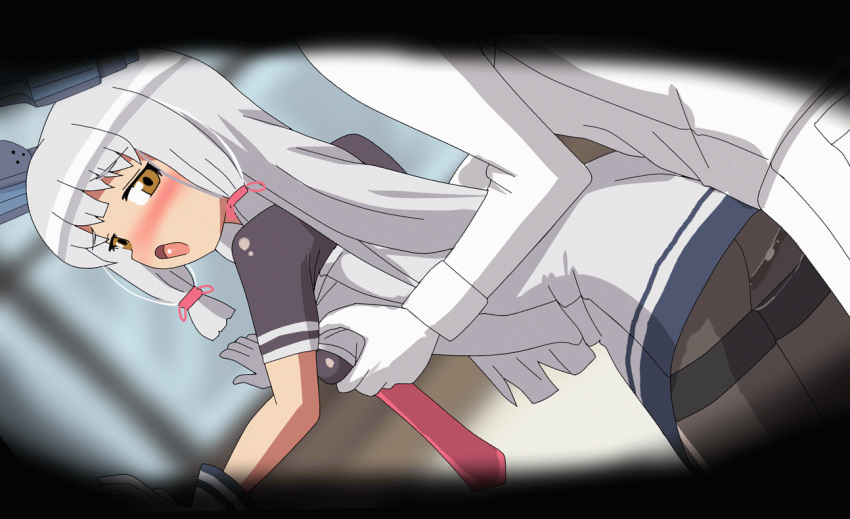 1boy admiral_(kantai_collection) animated animated ass black_legwear breast_grab brown_eyes clothed_sex doggy_style dress female gloves grabbing hangaku headgear kantai_collection long_hair murakumo_(kantai_collection) necktie pants pantyhose pink_necktie sailor_dress silver_hair thighband_pantyhose white_gloves white_pants