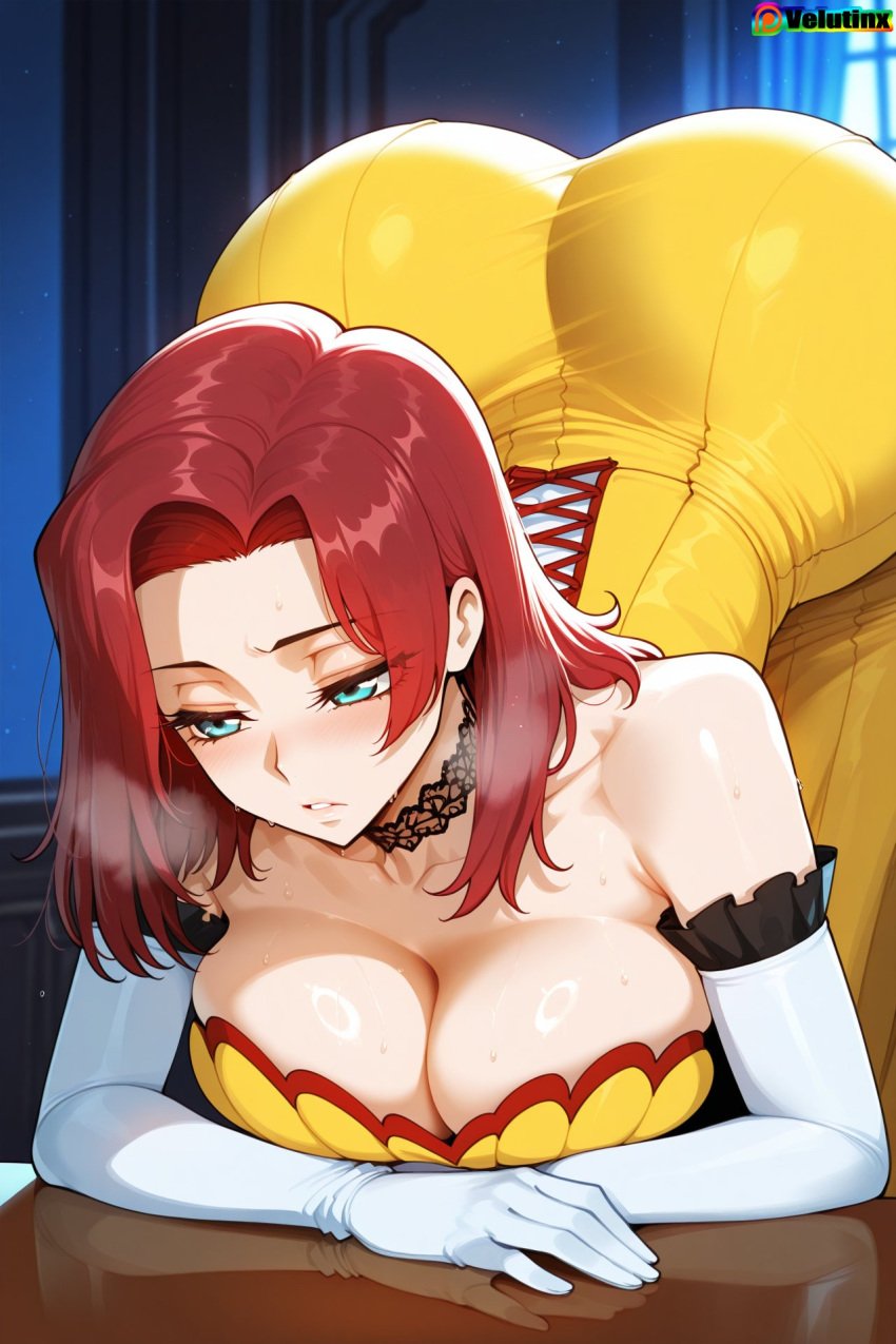 1girls absurd_res absurd_resolution absurdres ai_generated bare_shoulders big_breasts blue_eyes choker cleavage code_geass corset crossed_arms curvaceous curvy curvy_figure dress eyelashes face_down_ass_up female gloves hanging_breasts hi_res high_quality high_resolution highres kallen_stadtfeld light-skinned_female long_gloves mature_female medium_hair red_hair self_upload shiny_skin sweat sweating velutinx visible_breath watermark