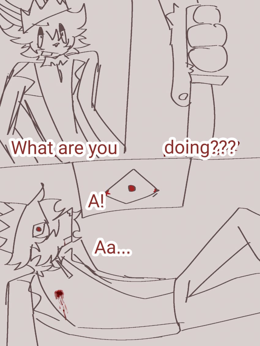 absurd_res anthro blood bodily_fluids bottomwear clothing comic crown death dialogue duo gore headgear hi_res hierarchy_play hybrid killing king knife lagomorph leporid male male/male mammal pain pants rabbit rebellion red_eyes royalty rudolfikbaby shirt topwear