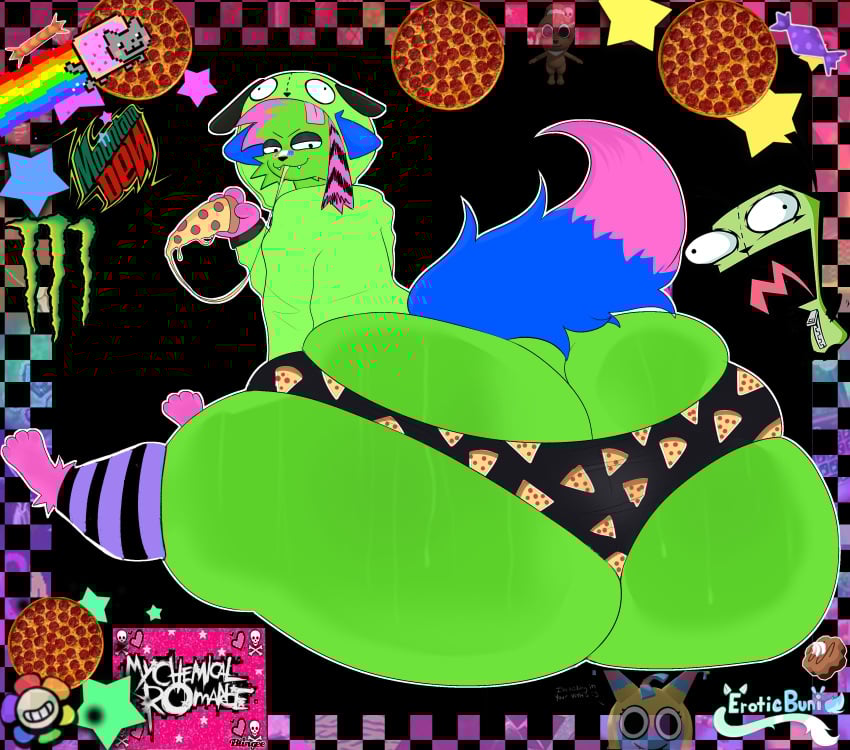 2025 absurd_res anthro ass bandage bandage_on_face bandage_on_nose big_butt black_clothing black_legwear black_thong black_underwear blue_tail bodily_fluids cheek_tuft clothing dipstick_tail domestic_cat don&#039;t_touch_my_pizza_(meme) eating eating_food english_description eroticbuni facial_tuft fangs felid feline felis food food_print fur green_body green_clothing green_fur green_hoodie green_topwear half-closed_eyes hi_res holding_food holding_object holding_pizza hoodie invader_zim kevin_(nyanwolf) legwear looking_back male mammal markings meme mountain_dew my_chemical_romance narrowed_eyes nickelodeon nyan_cat_(copyright) nyanwolf pattern_clothing pattern_legwear pattern_underwear pizza purple_stripes solo sparklefur striped_clothing striped_legwear stripes sweat sweaty_butt tail tail_markings teeth thong topwear tuft underwear