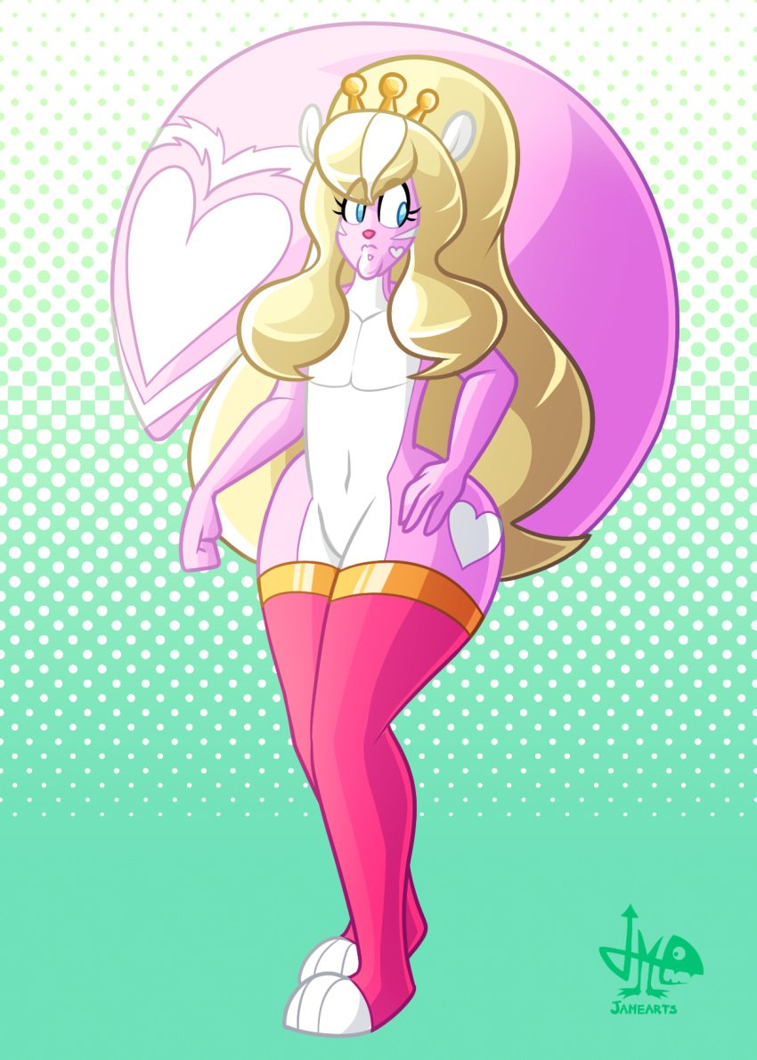 1boy aphrodite_(jamearts) big_hair blonde_hair blonde_hair_male blue_eyes crossdressing crossdressing_male crown drag_queen femboy femboy_only feminine feminine_body feminine_male furry furry_male furry_only hand_on_hip hips hips_wider_than_shoulders jamearts kissable_lips legwear lips long_hair non-human pecs pink_body pink_fur princess skunk skunk_boy skunk_tail thick_thighs thighs wide_hips