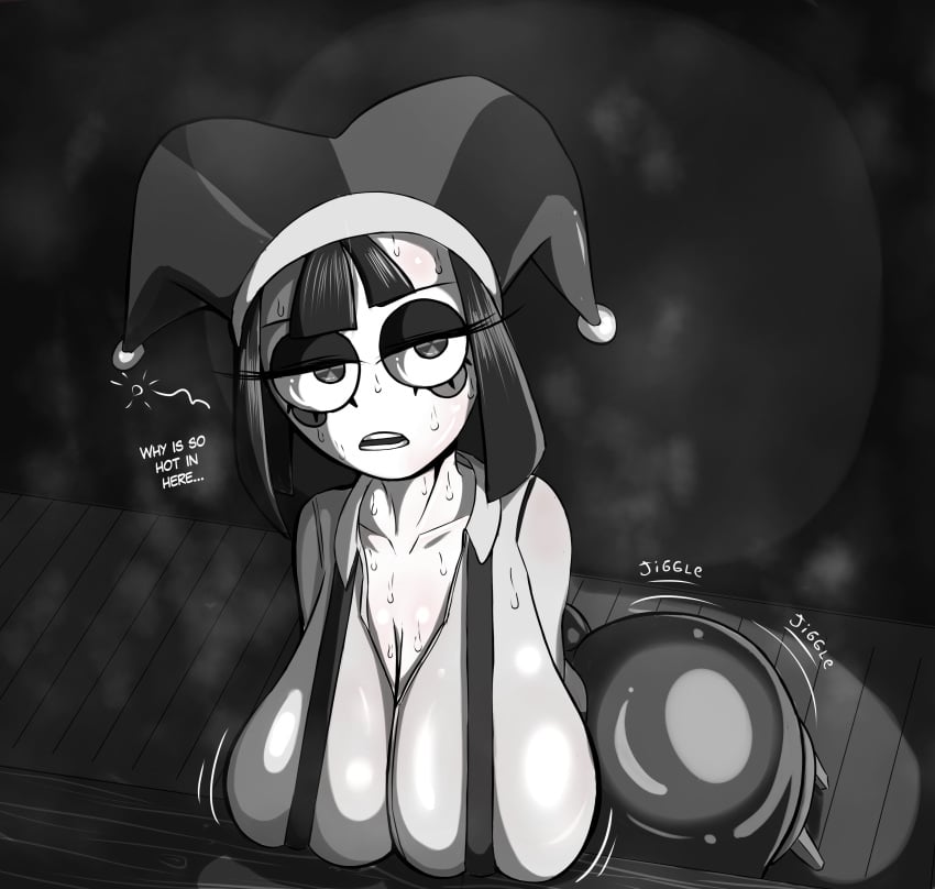 1girls akachandraw ass background big_ass big_breasts breasts clothed clothing female greyscale hot jiggle jiggling_ass large_ass large_breasts musk pomni pomni_(the_amazing_digital_circus) shaking shaking_butt the_amazing_digital_circus