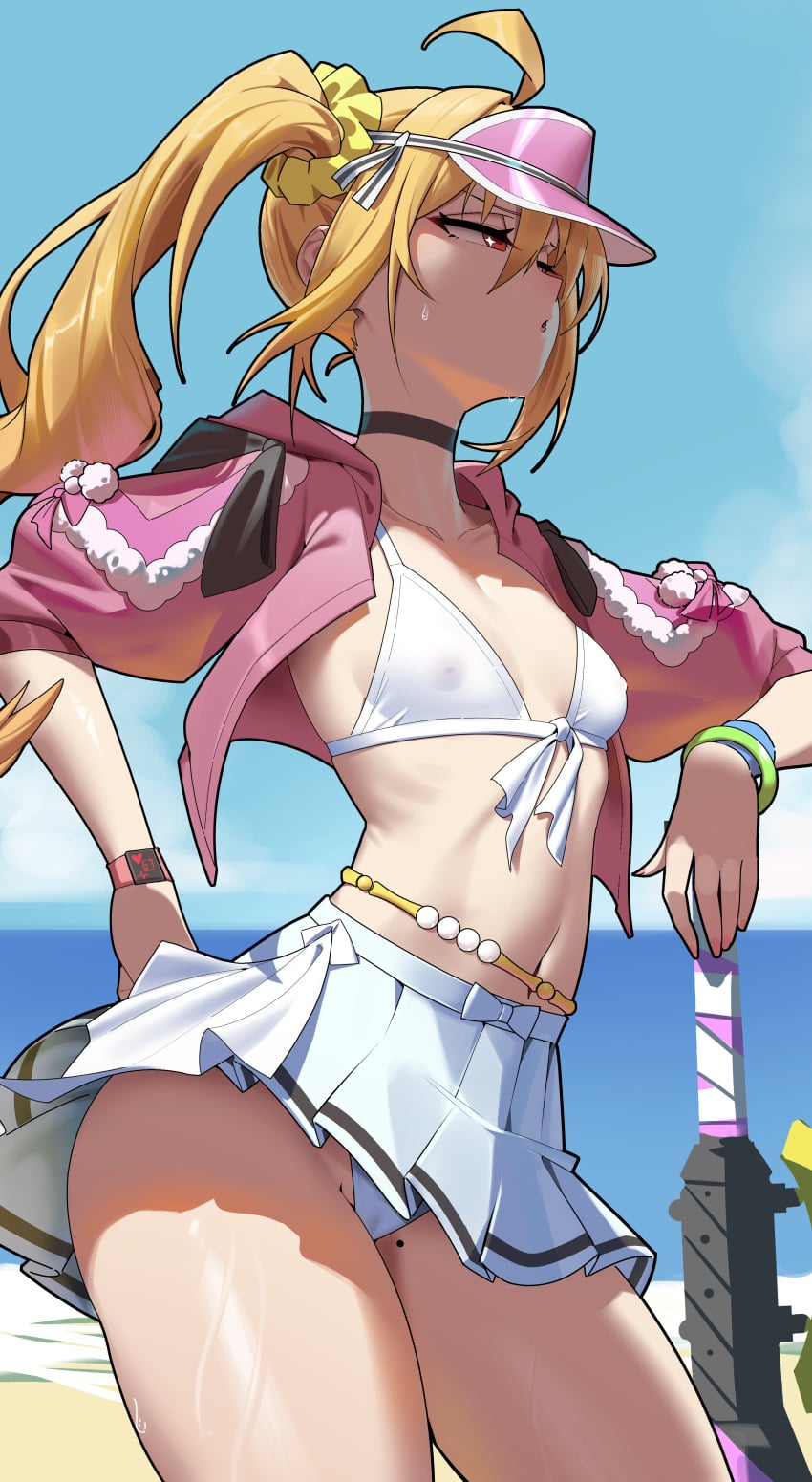 1girls absurd_res beach bikini blonde_hair clothed clothing cloudy_rain4 female female_only highres hoyoverse jacket light-skinned_female light_skin luciana_de_montefio luciana_de_montefio_(princess_on_holiday) mihoyo mihoyo_technology_(shanghai)_co._ltd. official_alternate_costume outside red_eyes side_ponytail skirt small_breasts solo sweat sweatdrop sweating swimsuit visor_cap zenless_zone_zero