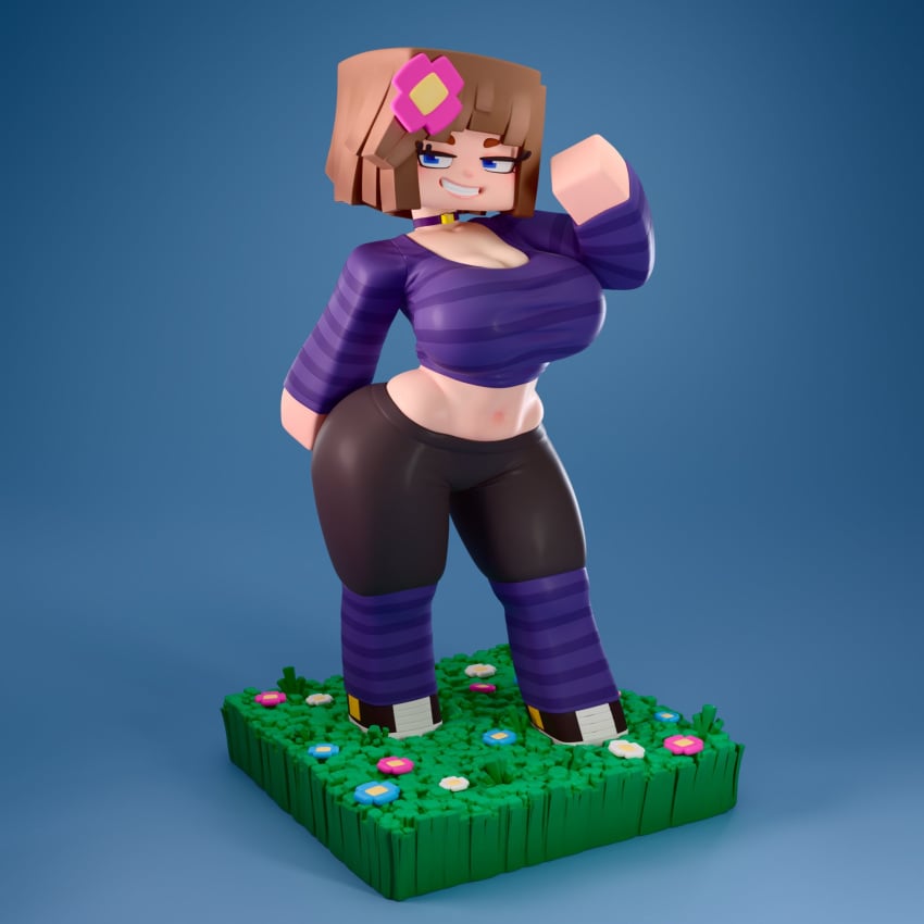 1girls 3d 3d_(artwork) ankorostudio breasts female figure figurine huge_breasts jenny_belle_(slipperyt) looking_at_viewer minecraft minecraft_shaders nipples pulling_down_pants shirt_lift solo