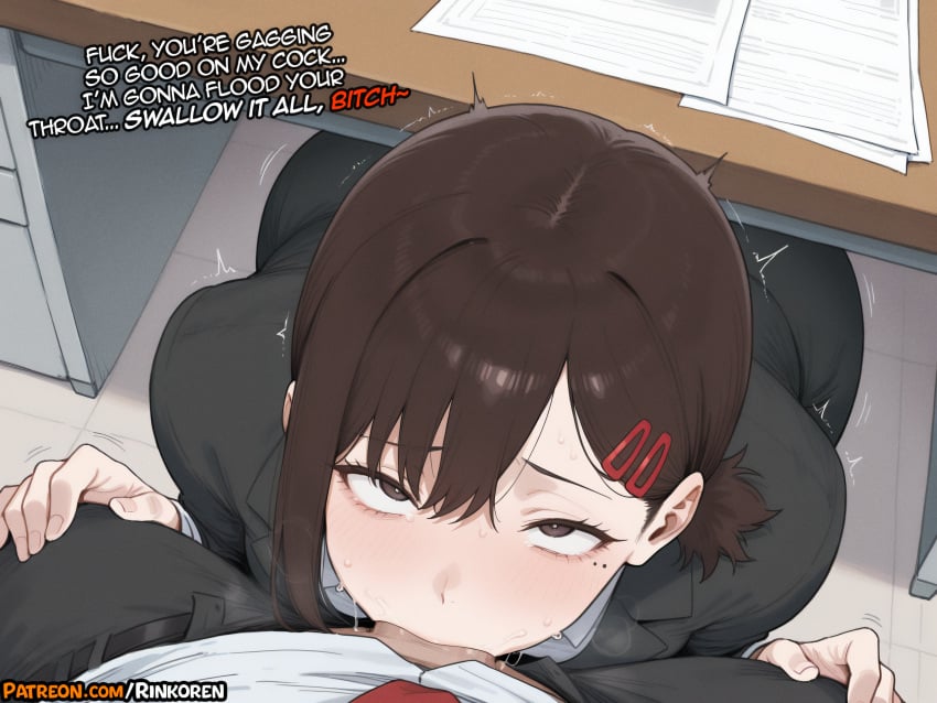 1boy 2025 ai ai_assisted ai_generated anime anime_girl anime_style artist_name ass bangs black_jacket black_pants blush brown_eyes brown_hair chainsaw_man collared_shirt deepthroat desk english_text fellatio female formal from_above hair_ornament hairclip hi_res higashiyama_kobeni high_quality high_res high_resolution highres indoors jacket kobeni_higashiyama looking_at_viewer looking_up male mole mole_under_eye necktie netorare ntr oral pants patreon patreon_username penis pov raped raped_girl raped_superheroine rinkoai shirt short_hair solo_focus stealth_sex straight suit sweat trembling uncensored under_the_table watermark white_shirt